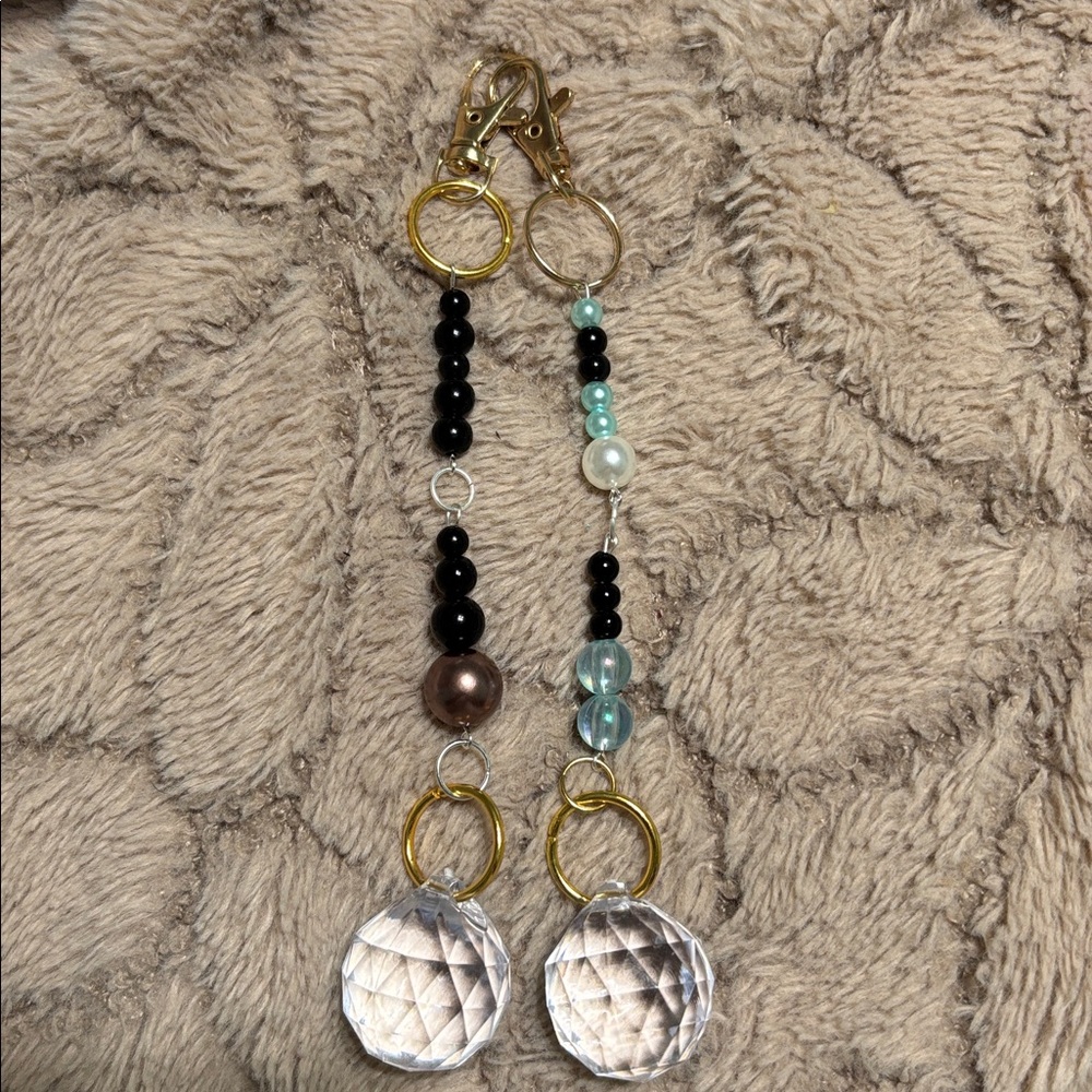 Beaded Crystal Prism Keychain Pair - Gold Hardware, Black & Aqua Beads-handmade